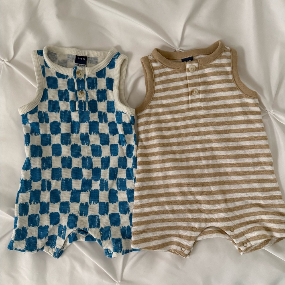 Blue Checkered and Tan Striped Henley Baby Rompers